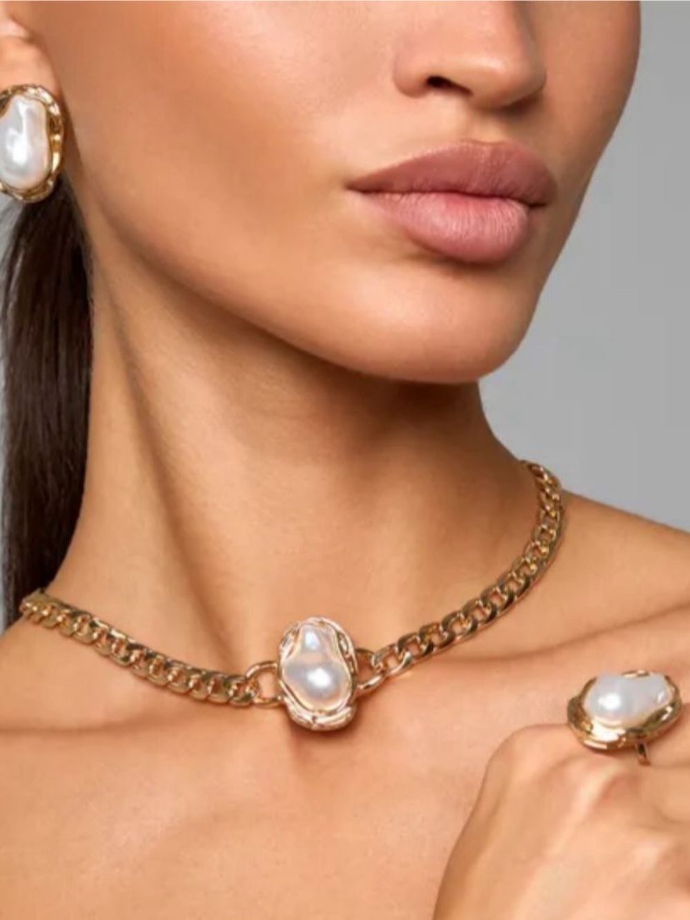 Gold-Plated Pearl Accent Bracelet, Necklace Ring Set - White Pearlescent Stones